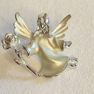 Vintage Giusti Gigi Flying Angel Holding Rose Brooch Pin Frosted Silver Tone